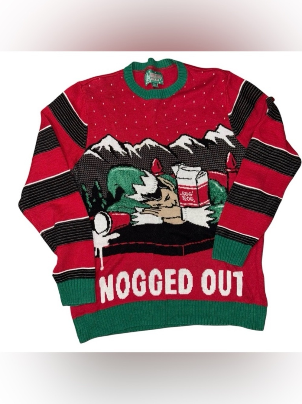 Men’s XL Ugly Christmas Sweater Nogged Out Elf Egg Nog Funny Holiday